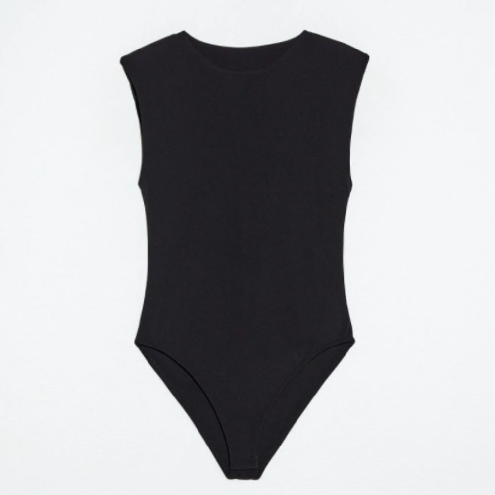 ZARA BLACK SPANDEX BODYSUIT WITH SHOULDER PADS - Picture 1 of 4